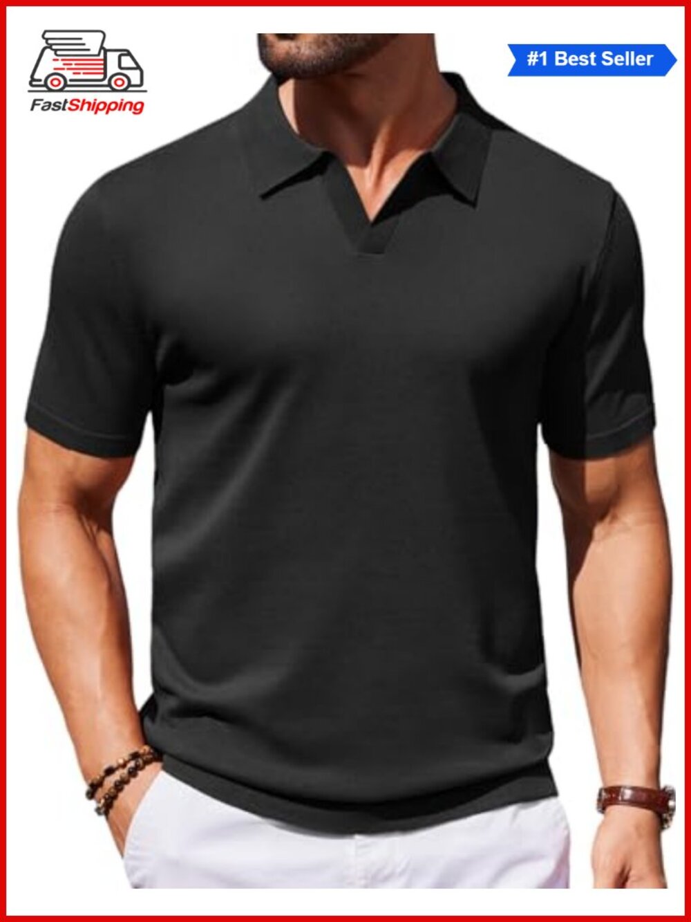 ✨ Men's V Neck Short Sleeve Stretch Knit Polo Shirt